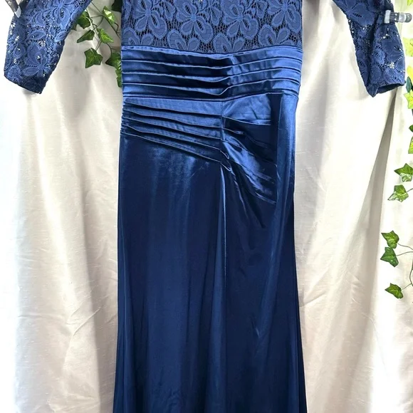 NWT Miusol Womens Lace Bodice Satin Ruched Mermaid Evening Dress Navy Blue Large - Picture 9 of 12